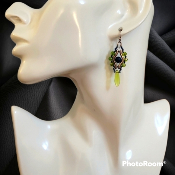 HANDMADE Beadwoven Apatite Green Czech Glass Spike Evil Eye Dangle Earrings - Picture 1 of 3